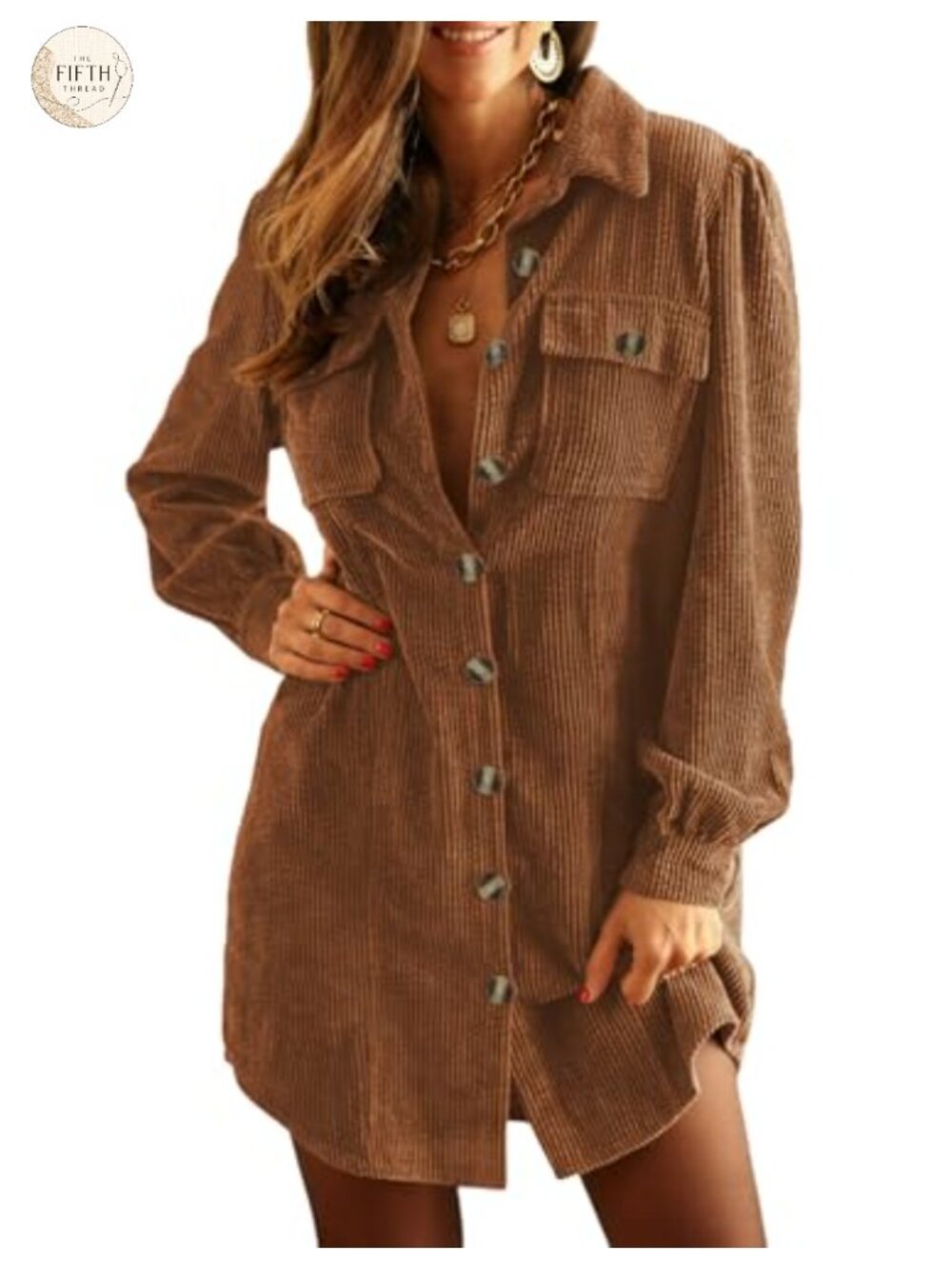 Corduroy Long Sleeve Button Down Tunic Dress with Pockets Women Casual Work